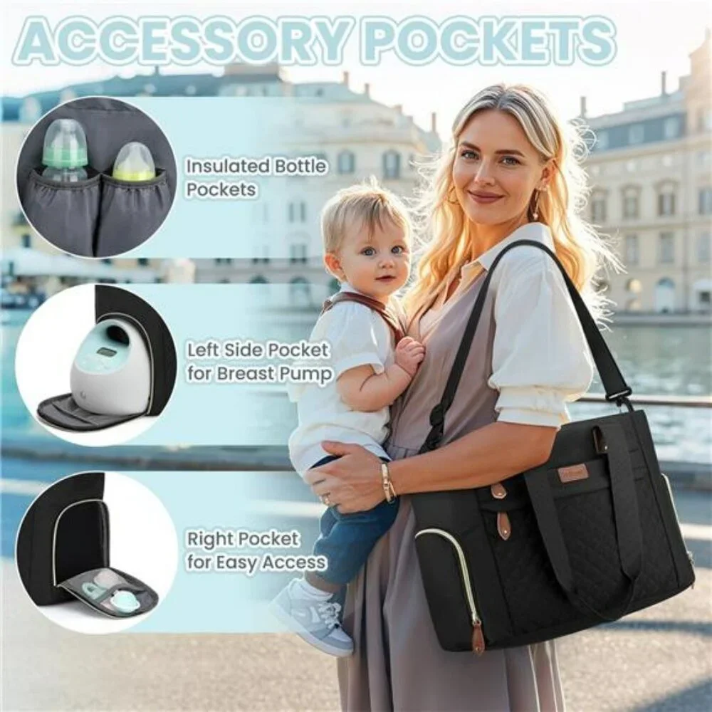 Large diaper bag tote travel baby bag with laptop sleeve for mom and dad